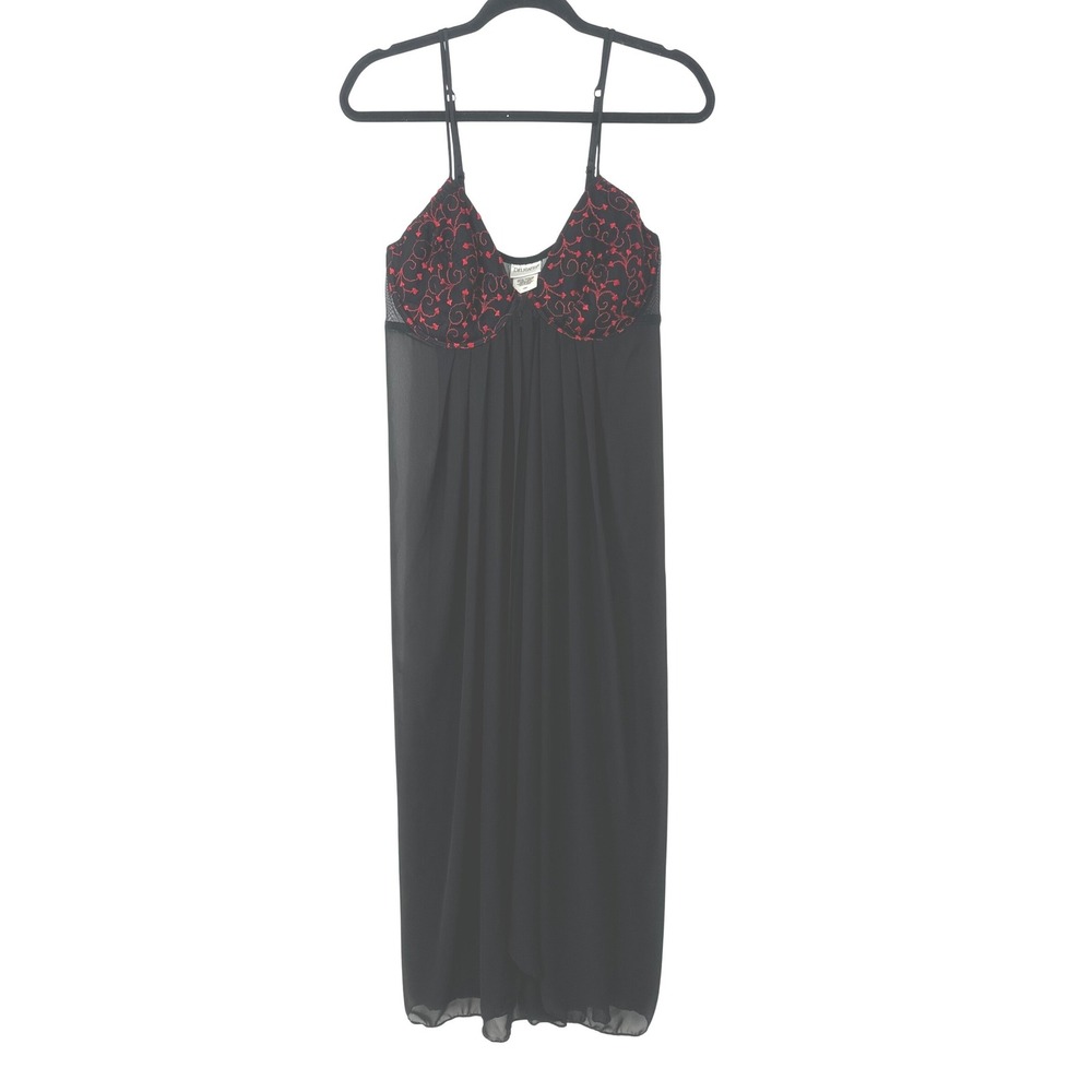 VTG Delicates Nightgown Dress L Black Embroidered Floral Sheer Lingerie Romantic